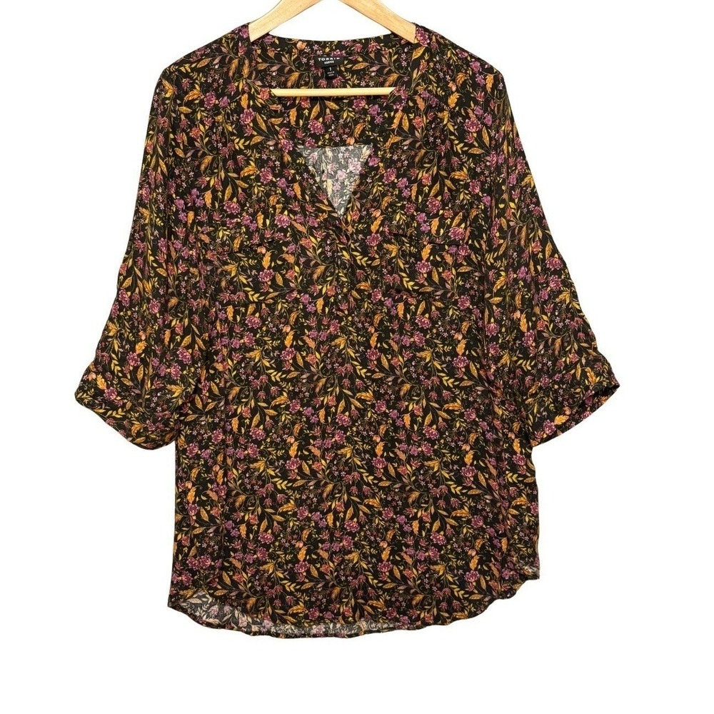 Torrid Womens Dark Floral 3/4 Sleeve Roll Tab‎ Tunic Top Size 1X Black V Neck